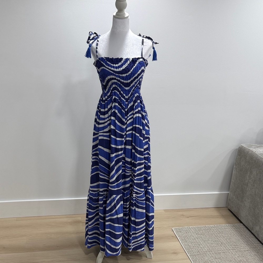 Tiare Hawaii Navy and White Wave-Stripe Maxi Dress